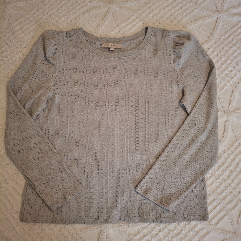 LOFT Womens XL Sweater Grey Pointelle Knit Puff Shoulder Long Sleeve Crew Neck